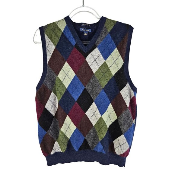 Club Room Mens Argyle Cashmere Sweater Vest Large Multicolor Navy V-neck - Picture 1 of 7